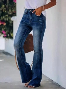 2025 Logo personnalisé enduit femmes taille haute en détresse Denim pantalon taille élastique grande taille léger droit décontracté 100% coton - Product Image 4