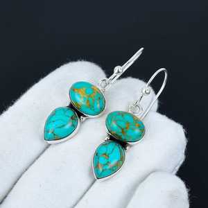 Natural Turquoise Gemstone Handmade 925 Sterling Silver Double Boho Earrings Unique Handmade Gifts For Love - Product Image 2