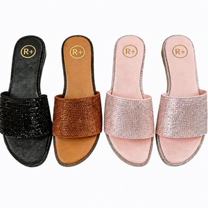 Sandales plates décontractées pour filles, gris cendré, en maille respirante, à bout ouvert, avec large bride, semelle en caoutchouc épaisse, en toile, à enfiler, avec talon recouvert de pierres - Product Image 1