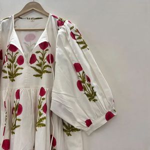 เดรสแขนกุดพิมพ์ลายดอกไม้สำหรับผู้หญิง, เดรสมิดิแขนสั้นผ้าฝ้ายโบฮีเมียน - Product Image 3