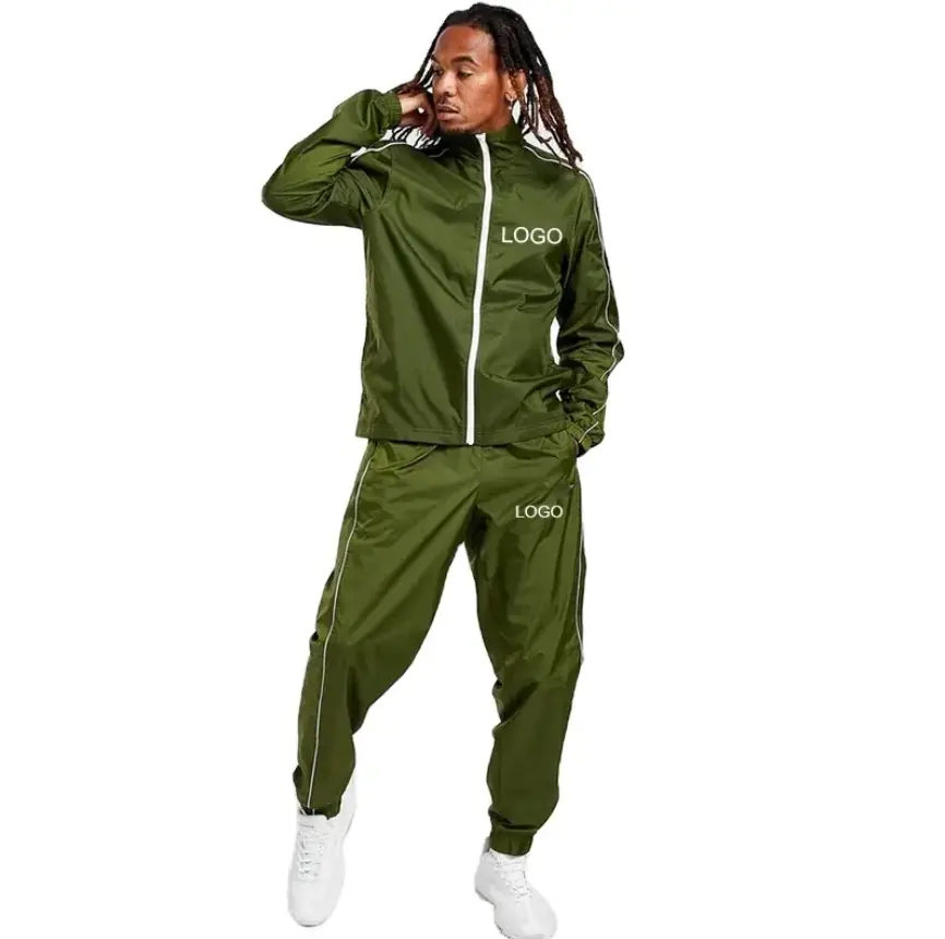 OEM Wholesale Spring Blank Olive Green Nylon Reflective Men's Windbreaker Tracksuit