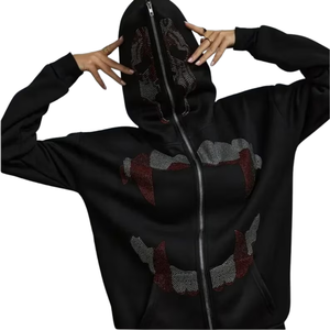 Lujo Rhinestone Vampire Fang Hoodie Hombres Mujeres Streetwear Zip Up Gothic Oversized Hip Hop Crystal Teeth Jacket Fashion Pullover - Product Image 2