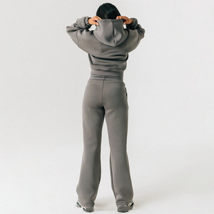 คุณภาพสูง 2 ชิ้น Sweatsuit ชุดวอร์มชุดแขนยาว Crop Hoodie ขากว้าง Flare Jogger ชุดสําหรับสตรี