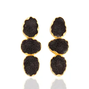 Glamorous look party fashion egg shape natural black sugar druzy gold plated drop stud earrings wholesale supplier women jewelry