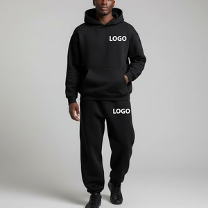 2026 OEM Custom Printed Pullover Tracksuits Men's Streetwear 2 Piece Set 300gsm <b>Black</b> Solid 100% Cotton Hoodie <b>Jogger</b> Set - Product Image 1