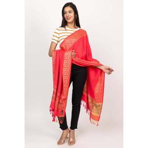 Floral Border Winter <b>Wool</b> Stole-<b>Red</b> - Product Image 3
