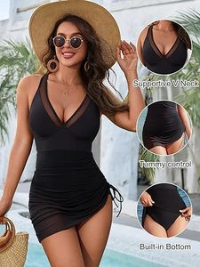 Low Price Women's One Piece Swim Dress Mesh Cover Up <b>Tummy</b> <b>Control</b> Swimsuit V Neck Beachwear Bathing Suit Quick Dry Swimwear - Product Image 3