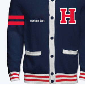 Pull-over cardigan vintage personnalisé unisexe en nylon bleu brodé sur le devant pour vêtements d'hiver décontractés de couleur bleue - Product Image 4