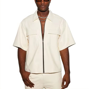 2024 primavera británico Slim Casual PU cuero hombres camisas de manga corta tejido bordado Patchwork Stand Collar transpirable - Product Image 3