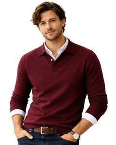 Suéter Polo de Punto Fino Personalizado para Hombre, Manga Larga, Cuello con Botones, Estilo Casual Elegante, Jersey de Invierno en Color Vino Borgoña - Product Image 1