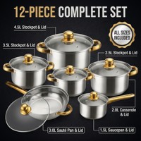 Ensemble de 12 ustensiles de cuisine en acier inoxydable, antiadhésifs multicouches avec couvercles en verre, compatibles induction et gaz