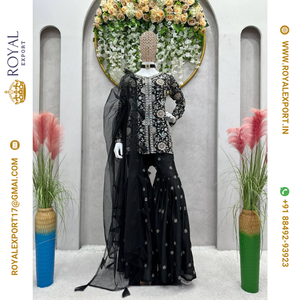 Nouvelle collection de costumes Sharara en soie chinon lourde de couleur noire de créateur - Product Image 1