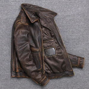 Blouson Aviateur Homme Vintage Marron en Cuir Véritable de Vache Vieilli Coupe Slim Décontractée Style Moto - Product Image 4