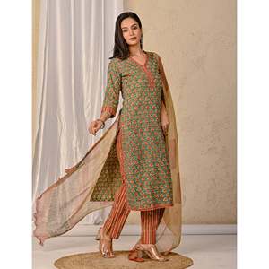 Conjunto de Kurta y Pantalón de Algodón Estampado Butta Block Verde Mar para Niñas, Traje Étnico Estilo Indio Pakistaní para Fiesta, Tela de Red Cosida - Product Image 6