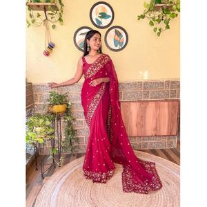 Vente en gros de sari en soie travaillé avec broderie de séquences élégantes avec chemisier pour les occasions de fête et de mariage d'Inde - Product Image 1