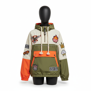 Veste coupe-vent en polyester pour femmes Color Block Olive Beige Orange Logo brodé Conception personnalisée Veste coupe-vent pour femmes - Product Image 1