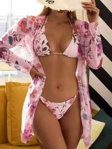 Traje de baño de tres piezas Floral Coverups Mujeres Ropa de playa Sexy Mujeres Traje de baño Impreso Bikini Set - Product Image 3