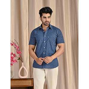 Camisa de Algodón Popelina Azul Estampada de Manga Corta para Hombre, Transpirable, Estilo Casual, Accesorio de Moda ODM - Product Image 1