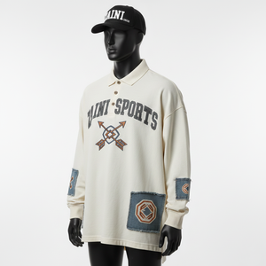 Polo de Punto de Algodón de Primera Calidad para Hombre, 240 GSM, Color Crema, Panel de Mezclilla con Apliques, Logotipo Personalizado - Product Image 4