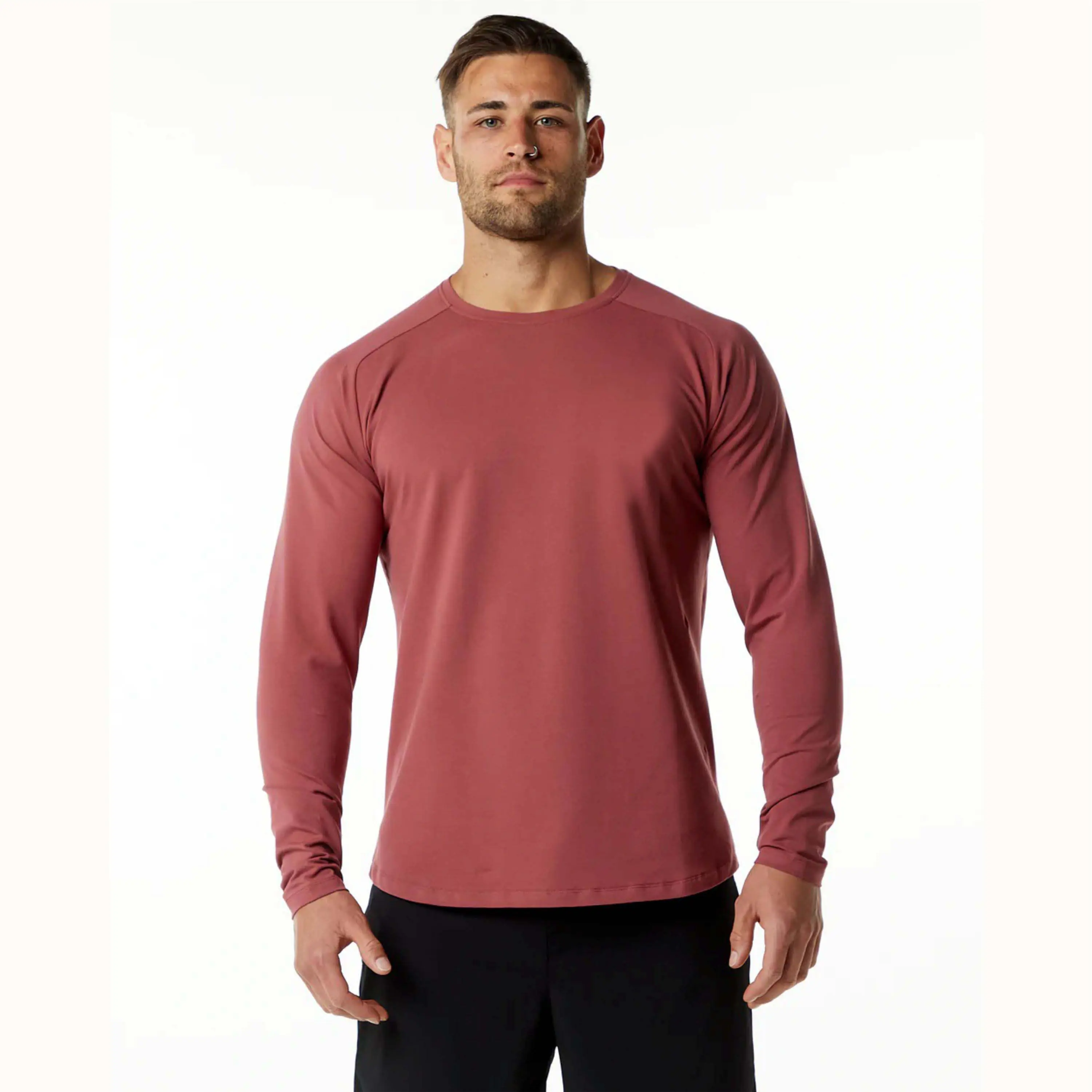 94% Cotton 6% Spandex Saddle Sleeve Cut Tapered Fit Crew Neck Scoop Hem Gingerbread Mens Fitted Performance Long Sleeve T-Shirt