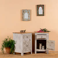 Table basse moderne extensible en bois naturel couleur mangue, finition gris, plateau blanc délavé