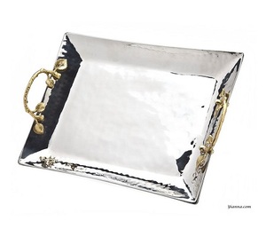 Bandeja de servicio de metal para el hogar, hotel, restaurante, Oriente Medio, juego de acero inoxidable y latón de 2 bandejas árabes doradas con espejo ovalado grande - Product Image 3