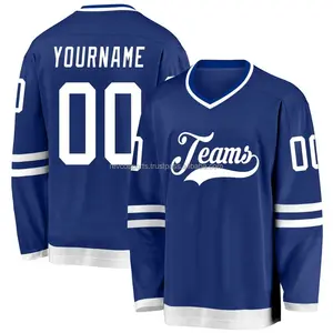 Maillot de hockey sur glace bleu marine et blanc col en V Concevez vos propres maillots de hockey sur glace Fournisseur de maillots de hockey sur glace au Pakistan