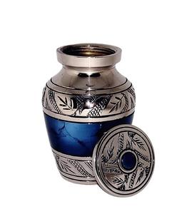 Classic Small Mini Cremation <b>Keepsake</b> Urn for Human Ashes with <b>Box</b> and Velvet <b>Box</b> - 2.6 inch - Blue Fire Design Made of Brass - Product Image 1
