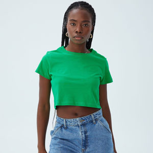 Venta al por mayor 100% algodón moda mujer cuello redondo media manga verano estampado diseño Crop Tops logotipo personalizado camisetas en blanco ecológico - Product Image 6