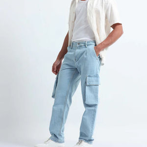 Summer <b>Men's</b> High-Grade Solid Color Straight <b>Jeans</b> Pure Cotton Denim Baggy Pants Loose <b>Wide</b>-<b>Leg</b> Casual High Street - Product Image 2