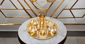 Indian Traditional Dinner Set Handcrafted Brass Thali Plate Bowls with Glass Spoon Beautiful Tableware Gift for Dinner - Product Image 2