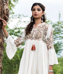 2024 Modest New Collection Embroidered Three Quarter Sleeve Boho Fashion Natural Woven Button Maxi Dress - Product Image 2