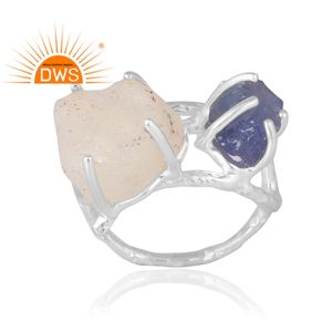 Dernière vente en argent sterling 925 Tanzanite naturelle et bague de pierres précieuses en verre de dessert libyen fabricant de bijoux personnalisés - Product Image 1
