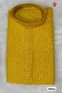 Festival tradicional para hombres Rayon Chikan Work Kurta con estampado dibujado a mano Conjunto de pijama de algodón por exportación en India para adultos - Product Image 5