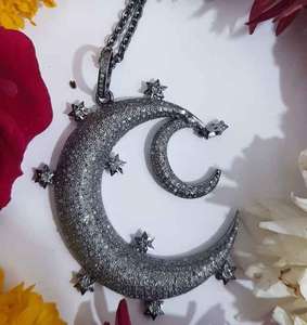 Luna estrellas colgante 925 plata esterlina Natural Pave diamante Vintage negro rodio plateado joyería 50x40MM tamaño para boda - Product Image 3