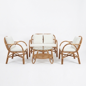 Natural Bentwood <b>Rattan</b> <b>Outdoor</b> Lounge Set 4 Piece Loveseat Armchairs Glass Round Table Cream Cushions Setup Pure Art Design - Product Image 1