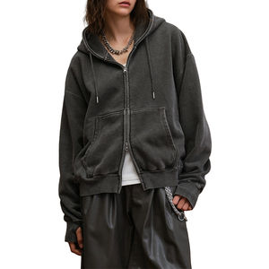 Sweat à capuche oversize de haute qualité avec fermeture éclair, épaules tombantes, manches longues, effet délavé vintage, double fermeture éclair, pour femme - Product Image 3