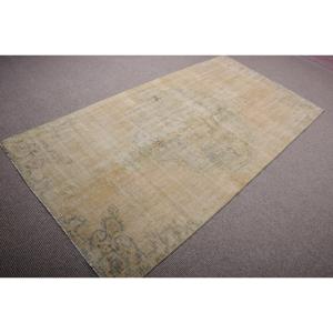 Tapis turc 4x7,8 pieds, tapis vintage, tapis persan en laine jaune et bleu - Product Image 2