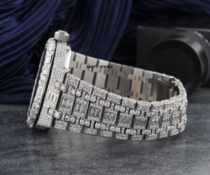 Montre de luxe en or rose sertie de moissanite avec lunette baguette et cadran entièrement serti de diamants, bijoux hip-hop - Product Image 3