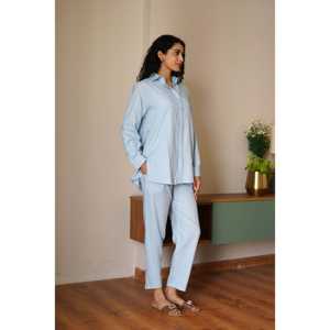 Ensemble short 2 pièces bleu poudre, longueur au-dessus du genou, pour la maison ou la saison estivale, nouveaux ensembles courts avec hauts - Product Image 2