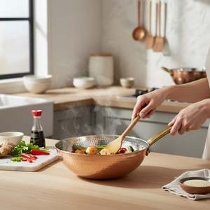 Hand Hammered Forged Copper Wok Pan Chinese Style <b>Carbon</b> Steel Frying Pot with Wooden Handle Gas <b>Stove</b> Applicable - Product Image 2