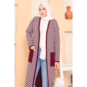 Cárdigan Bordado con Detalle de Bolsillo para Otoño/Invierno, Color Borgoña, con Rayas en Zigzag, Estilo Hijab, Tejido Casual de Cachemira y Lana con Botones, para Primavera - Product Image 2