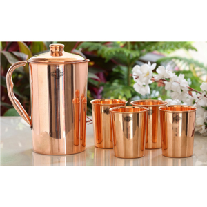 IndianArtVilla Pichet en cuivre pur fabriqué à la main avec verre Ensemble de 5 verres pour le stockage et le service - Product Image 2