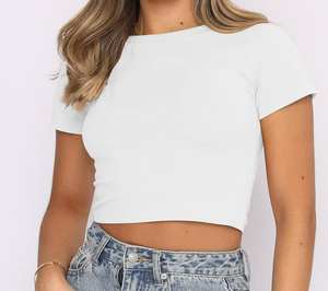 Tops courts décontractés pour femmes, tendance, basiques, ajustés, avec nombril apparent, col rond, manches courtes, t-shirt court de travail pour adultes - Product Image 4