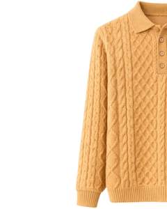 Manufacturer Mens Mustard Yellow Wool <b>Cable</b> <b>Knit</b> Polo <b>Sweater</b> Long Sleeve Button Neck Winter Warm Classic Casual Pullover - Product Image 3
