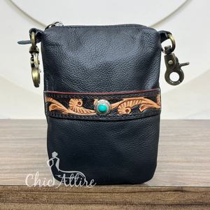 Manufacturer Custom Design Hand Tooled Cowhide Leather Motorcycle Waist Mobile <b>Pouch</b> Fashion Travel Fanny Packs for for Women's - Product Image 1
