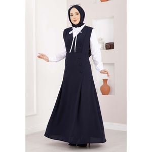 Conjunto de Dos Piezas en Crepé Azul Marino Elegante: Camisa y Chaleco con Botones y Decoración de Logotipo, Conjunto Formal de Top Corto - Product Image 1