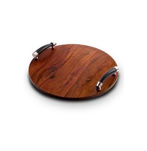 Lot de 2 grands plateaux de service en bois de forme ronde avec poignée en métal - Product Image 6