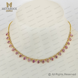 Saphir rose naturel pierre précieuse solide 14k or jaune chaîne collier pavé ensemble diamants concepteur lien chaîne collier bijoux - Product Image 2