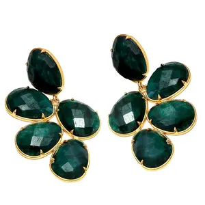 925 Sterling Silver Dyed Natural Emerald customize size Fancy Gold Plated high quality Earring Supplier